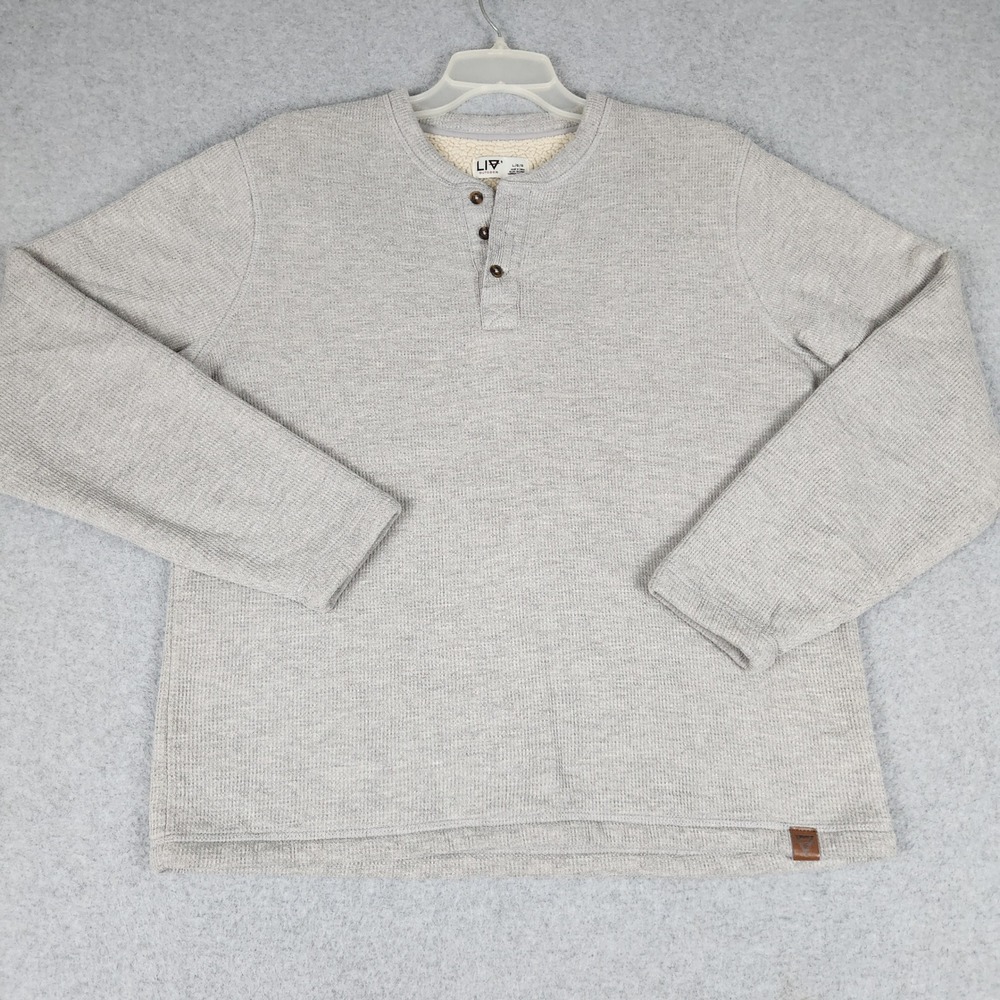 LIV Outdoor Henley Shirt Mens L Gray Waffle Knit Fireside‎ Sherpa Lined Thermal